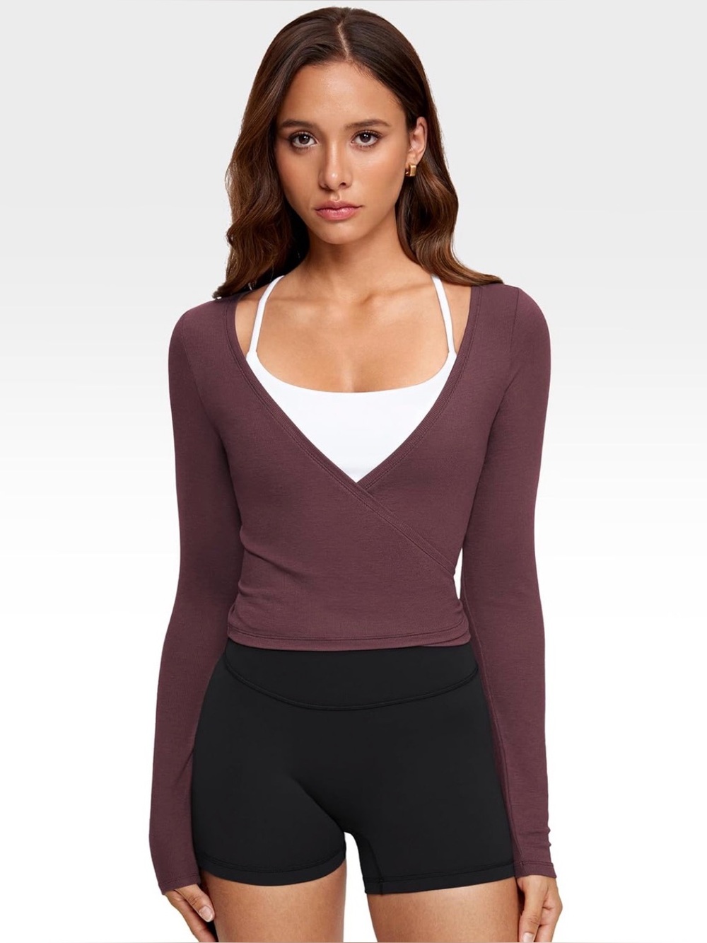 INGIA NWT Womens V-Neck Long Sleeve Cross Wrap Top Plumbrown Small S
